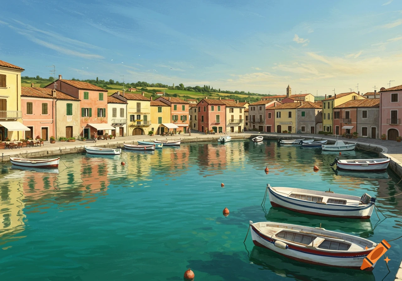 A scenic view of a calm harbor with colorful pastel-colored buildings lining the waterfront under a clear blue sky, with many small boats docked in the turquoise water.