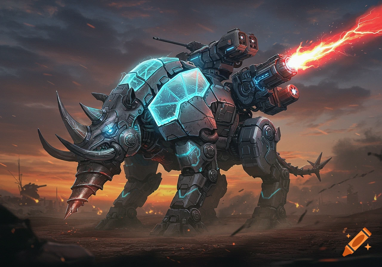 A detailed sci-fi armored rhino-mech with a drill horn and plasma cannon firing a red laser in a desolate, war-torn landscape.