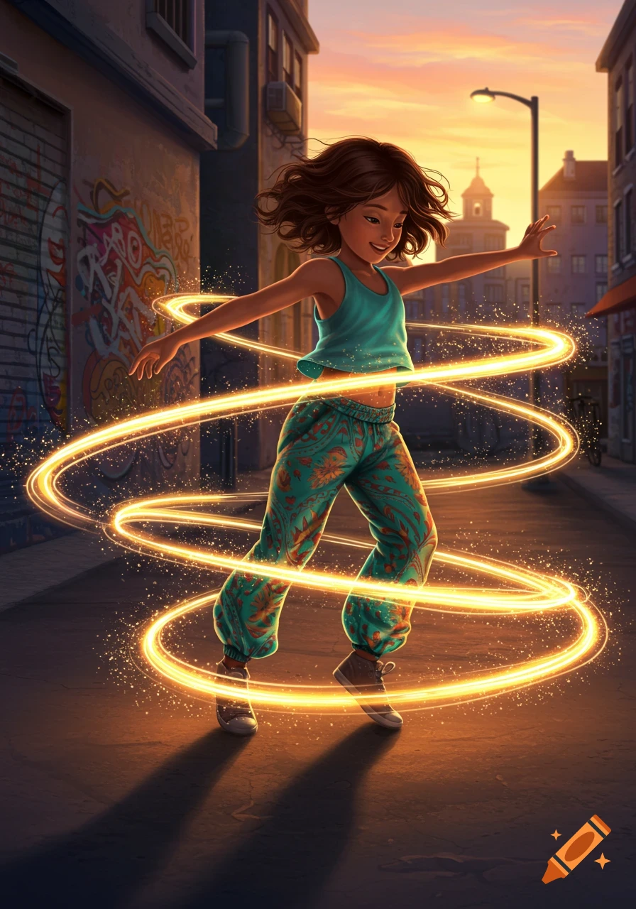 A young girl with dark hair dances in an urban alley, surrounded by swirling, glowing golden light trails. The background shows buildings with graffiti and a sunset sky.
