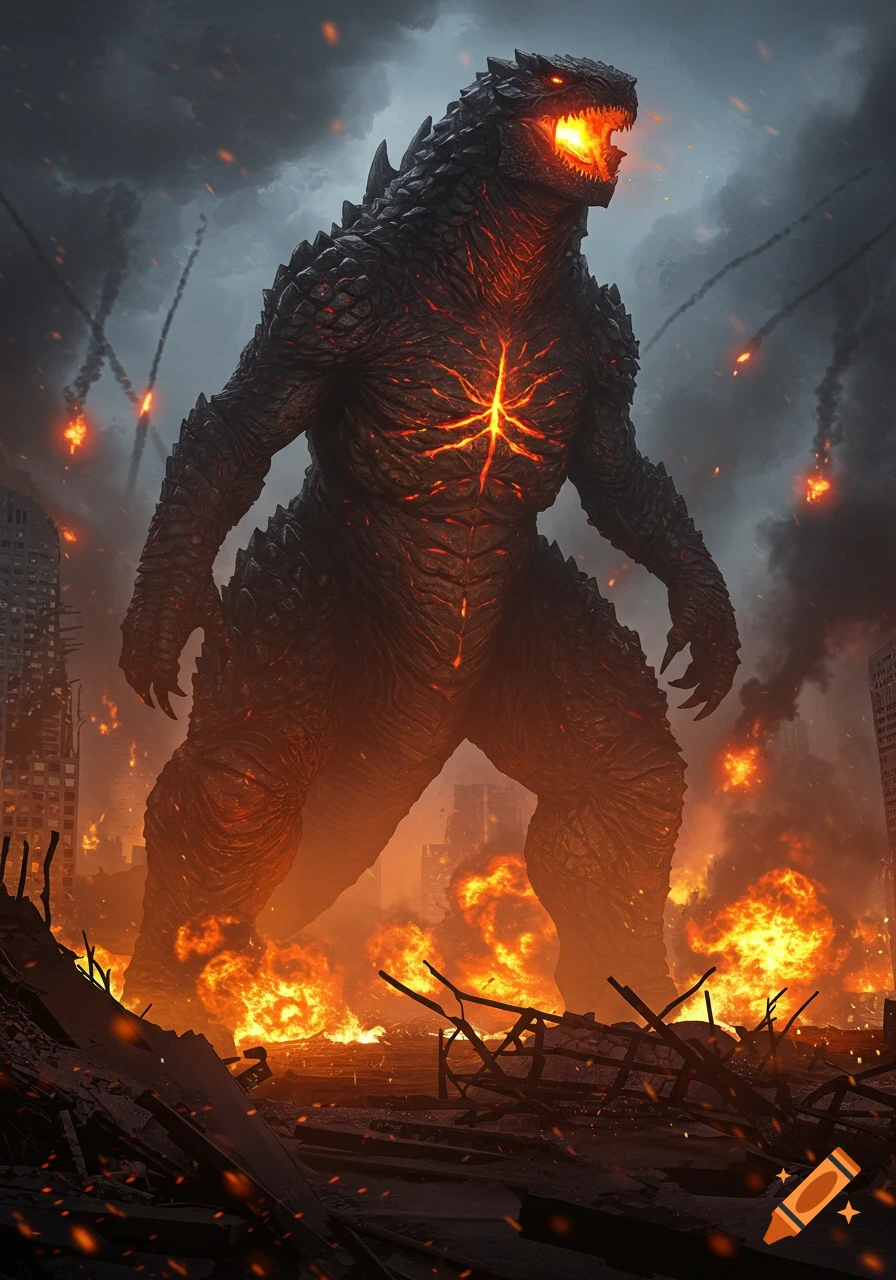 A massive, glowing kaiju stands amidst a burning, ruined city under a dark, smoky sky.
