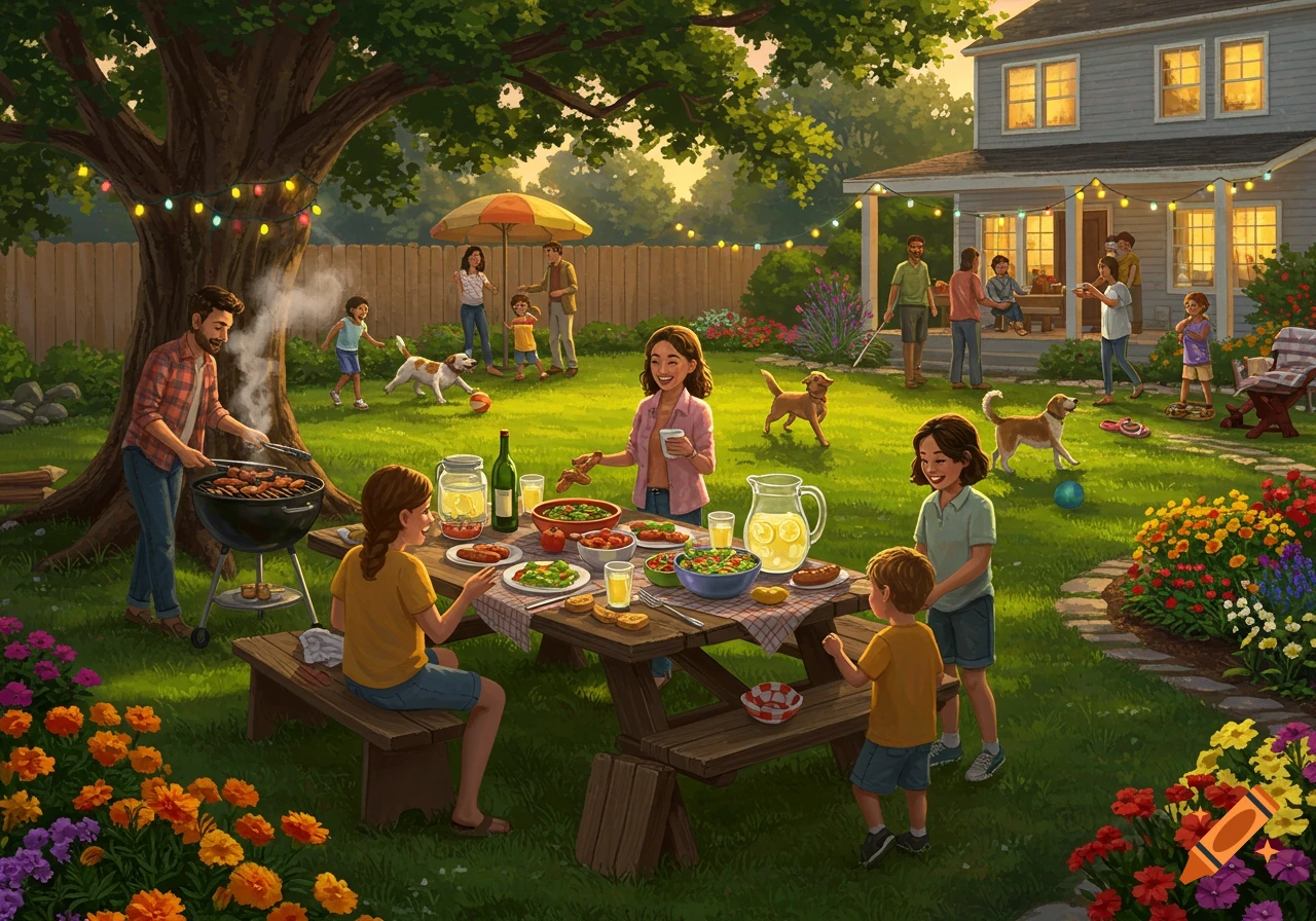 A large family enjoys a backyard barbecue with food, games, and dogs, in a vibrant, illustrative style.