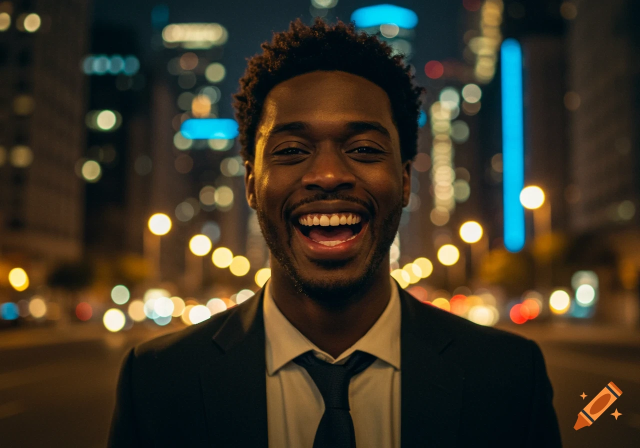 A smiling Black man in a suit stands on a city street at night with blurry lights in the background.