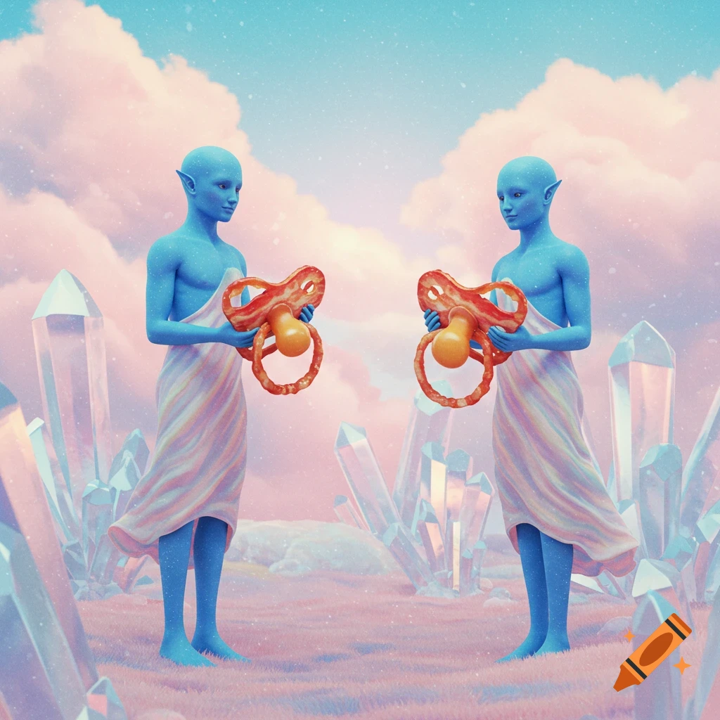 Two blue-skinned aliens hold giant bacon pacifiers in a surreal landscape with large crystals under a pink and blue sky.