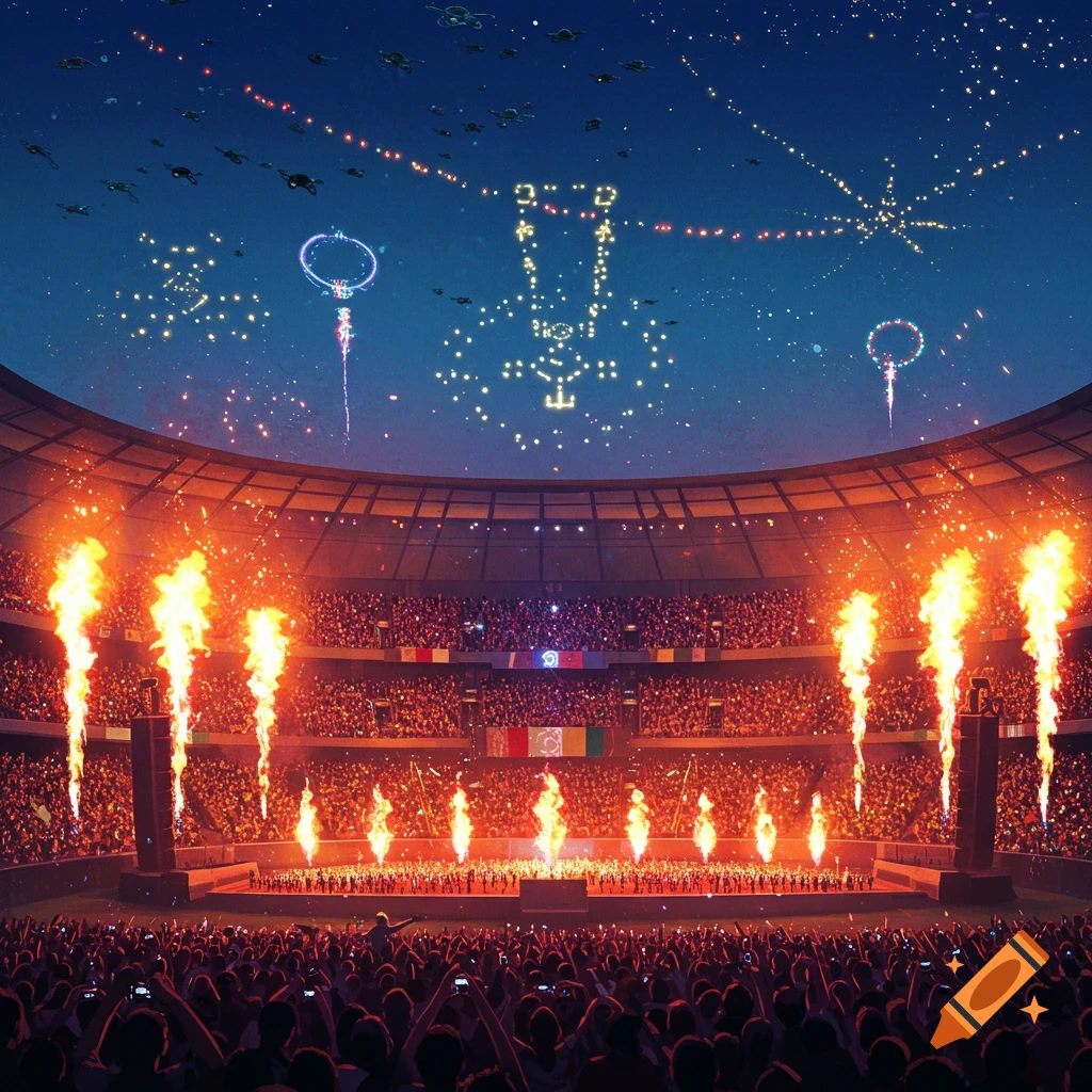 A packed stadium at night features a concert with large pyrotechnic flames on stage and a drone light show illuminating the sky.
