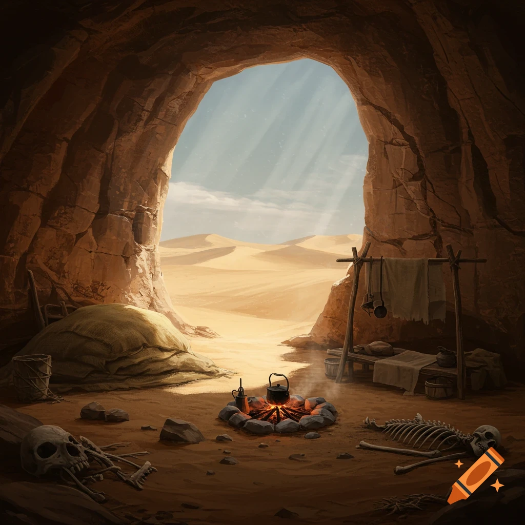 A hermit's desert cave home with a lit campfire, kettle, simple bed, and two skeletons, looking out to sand dunes.