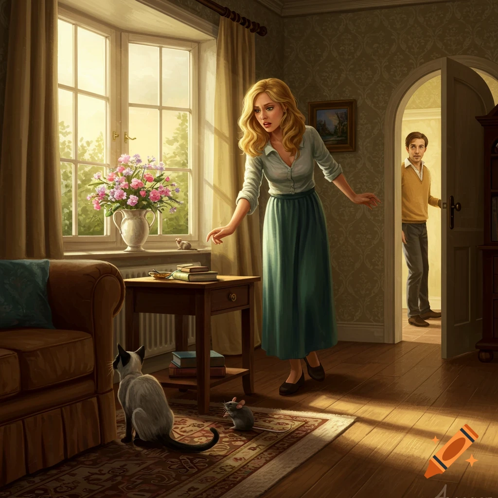 A blonde woman in a realistic illustration reacts to a mouse on the floor near a cat, as a man enters through an arched doorway into a sunlit room.