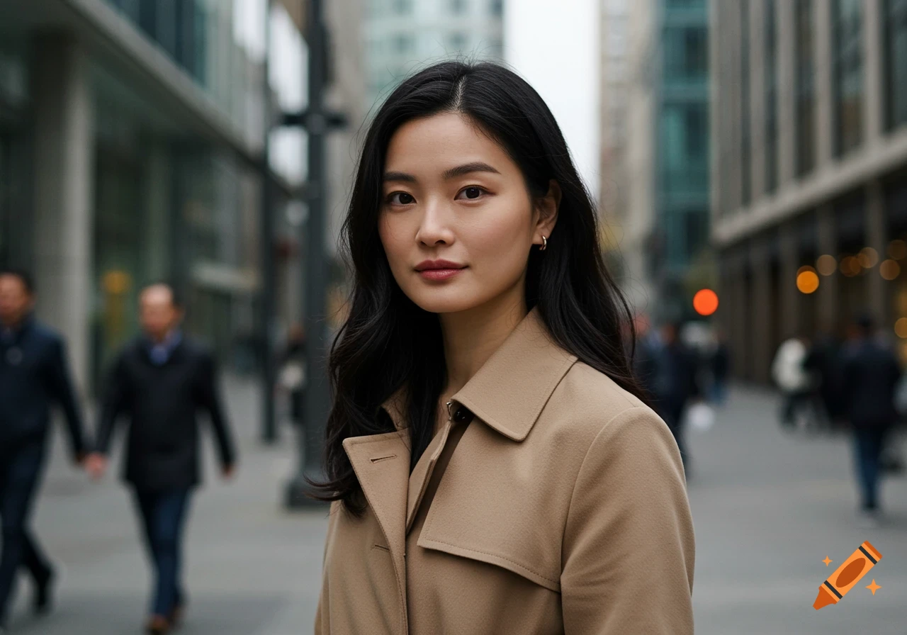A photorealistic portrait of an East Asian woman in a tan trench coat on a blurred city street.