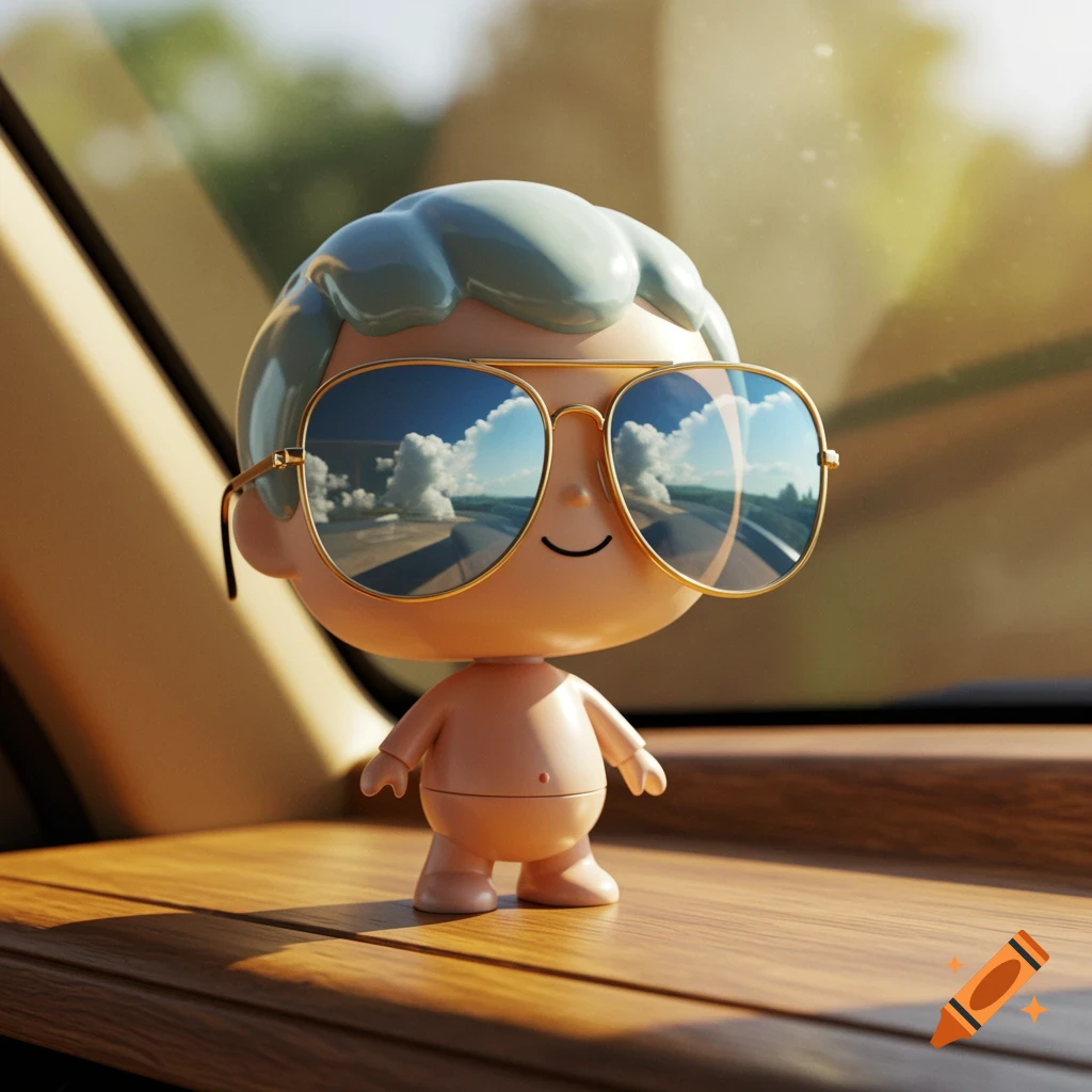 A 3D render of a cute bobblehead toy with blue hair and sunglasses, reflecting a road and clouds, sitting on a wooden car dashboard.