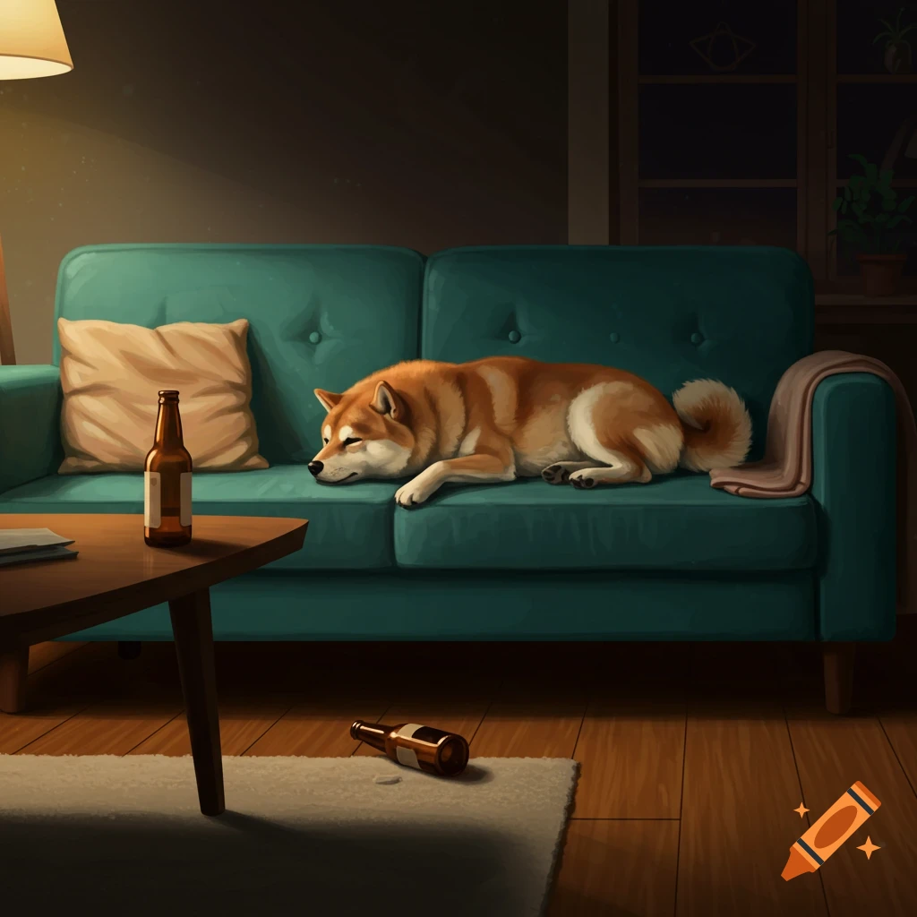 An illustration of a Shiba Inu dog sleeping on a teal couch in a dimly lit living room with beer bottles on a table and floor.