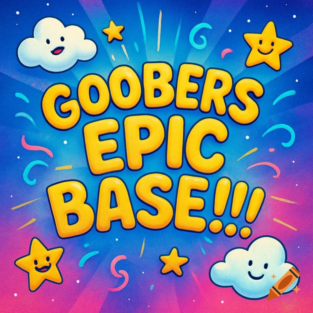 Yellow bubble letters spell GOOBERS EPIC BASE!!! surrounded by happy cartoon stars and clouds on a purple and blue starburst background.
