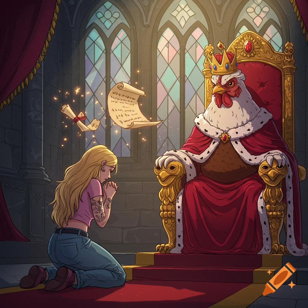 A young woman kneels before a majestic chicken king on a golden throne in a castle, with floating magical scrolls. Cartoon style.
