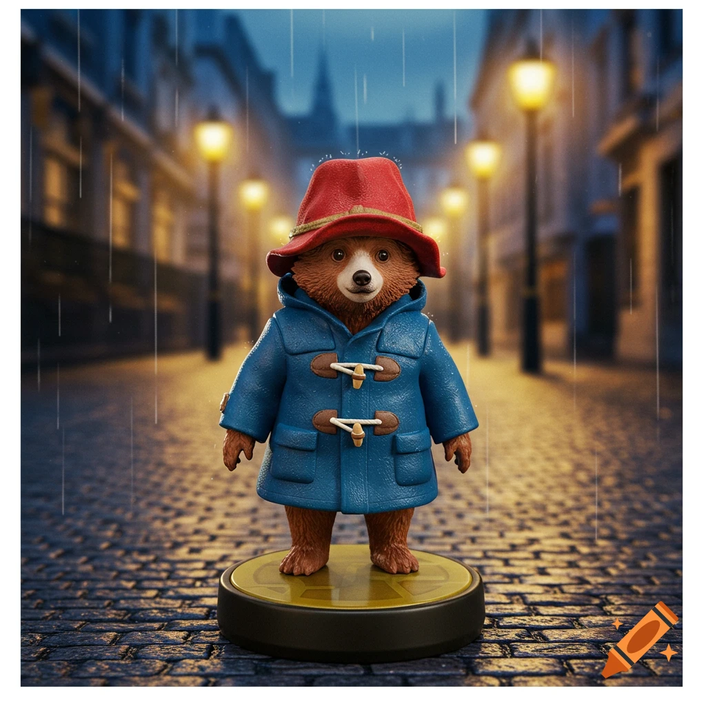 A Paddington Bear figurine in a blue coat and red hat stands on a round base on a rainy cobblestone street at night, illuminated by glowing streetlights.