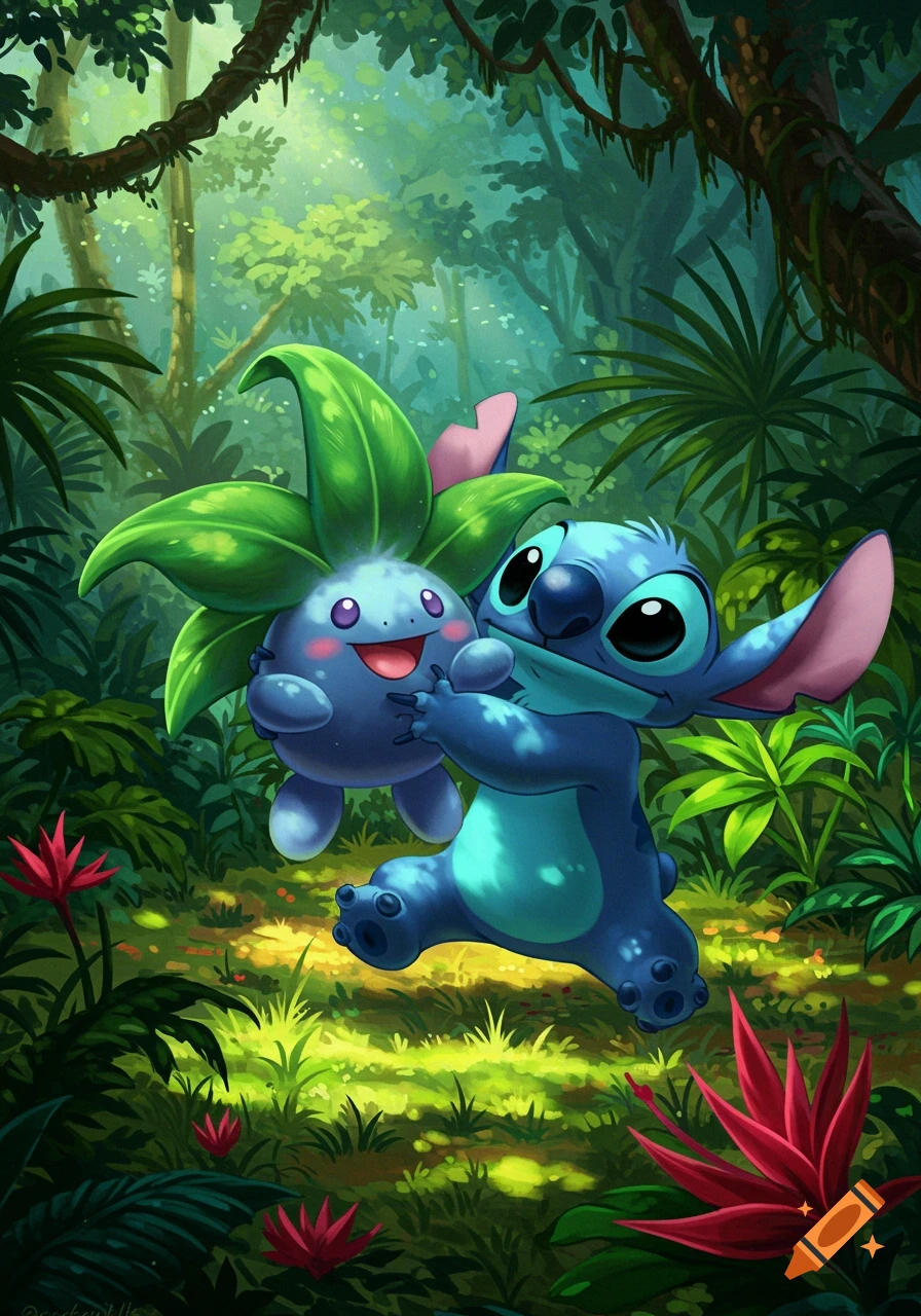 Cartoon illustration of blue Stitch carrying a purple Oddish in a lush, sunlit jungle environment.