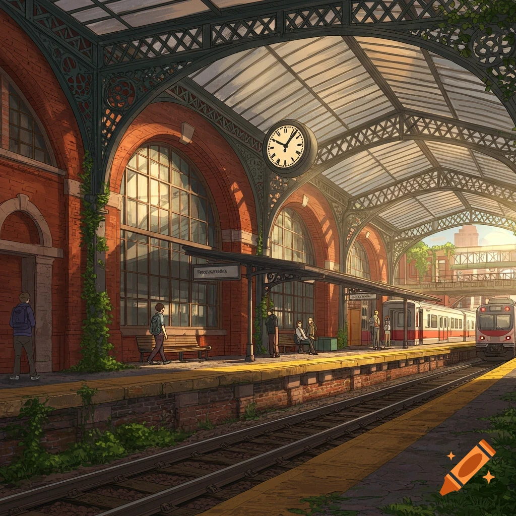 An anime-style depiction of a train station with passengers waiting on a platform as a train approaches, under a large, sunlit glass and metal roof.