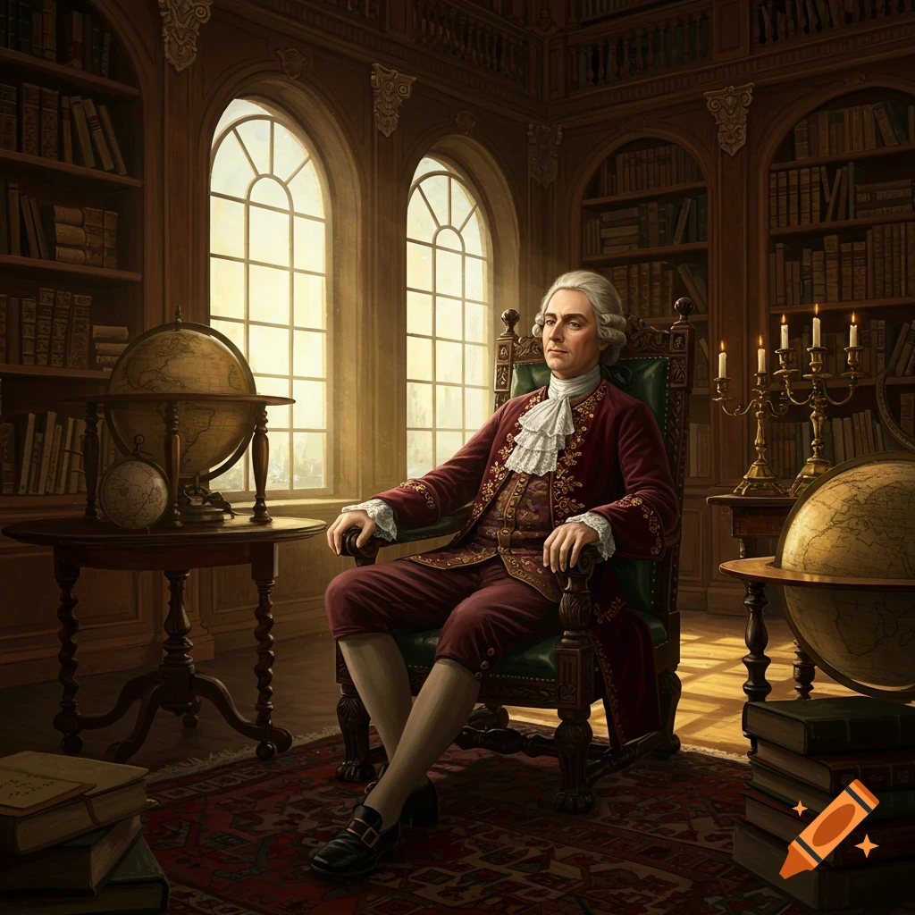 A man in a red baroque suit and powdered wig sits in a stately chair in a grand library with globes and tall windows.