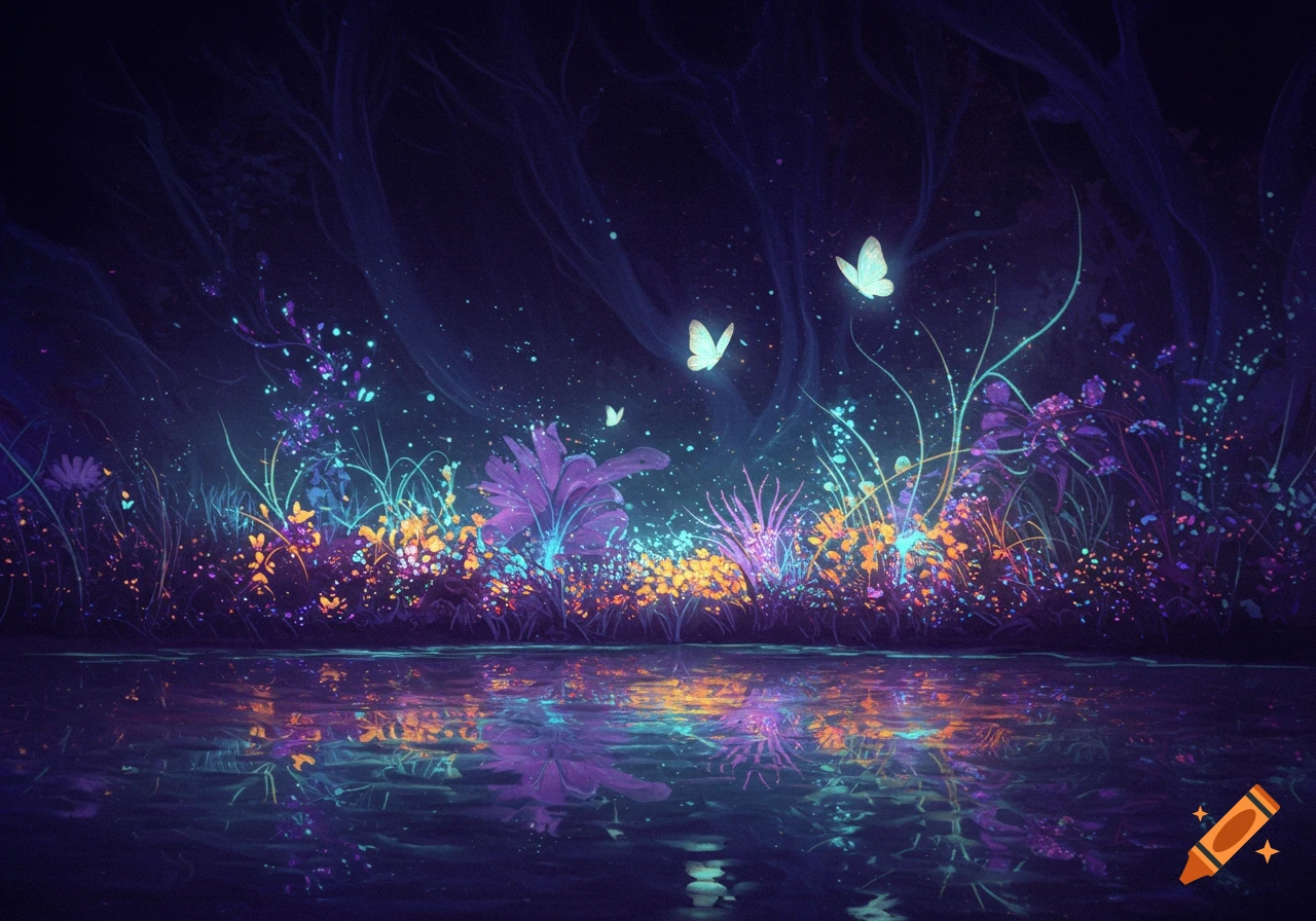 A magical dark forest scene with glowing purple, orange, and blue plants and luminous white butterflies reflected in still water.