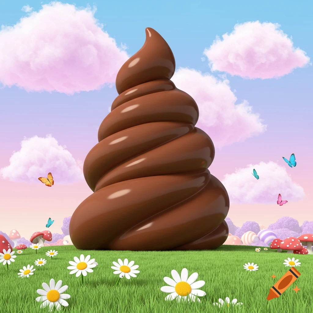 A giant, brown, swirly pile sits in a vibrant, whimsical field with daisies, mushrooms, butterflies, and pink clouds.