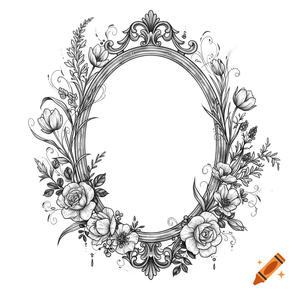 Black and white sketch of an ornate oval frame surrounded by roses, tulips, and wildflowers with delicate leaves and vines.