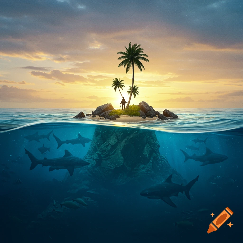 A stranded person on a small tropical island at sunrise, with numerous sharks visible in the clear ocean water below the surface.