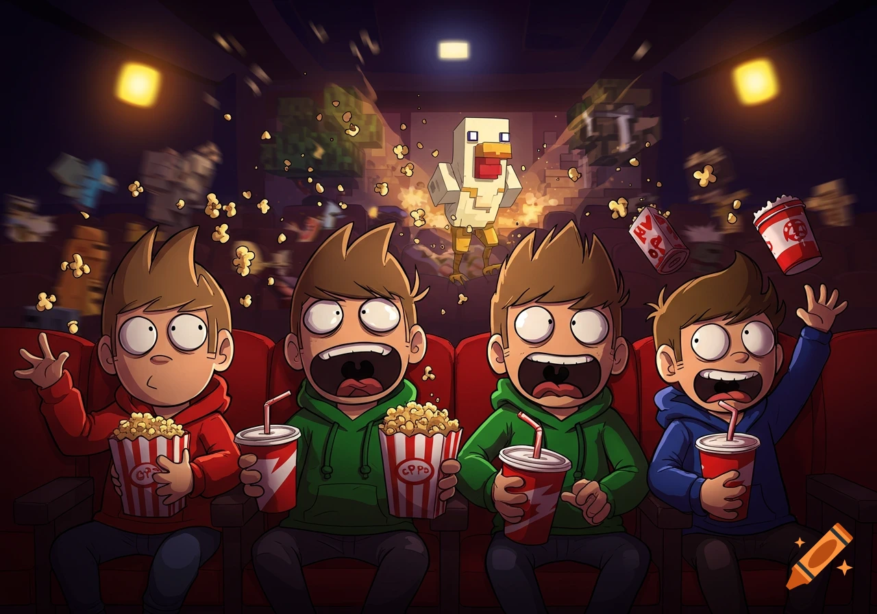 Four Eddsworld characters react wildly to a Minecraft movie in a theater, throwing popcorn and drinks in a cartoon style.