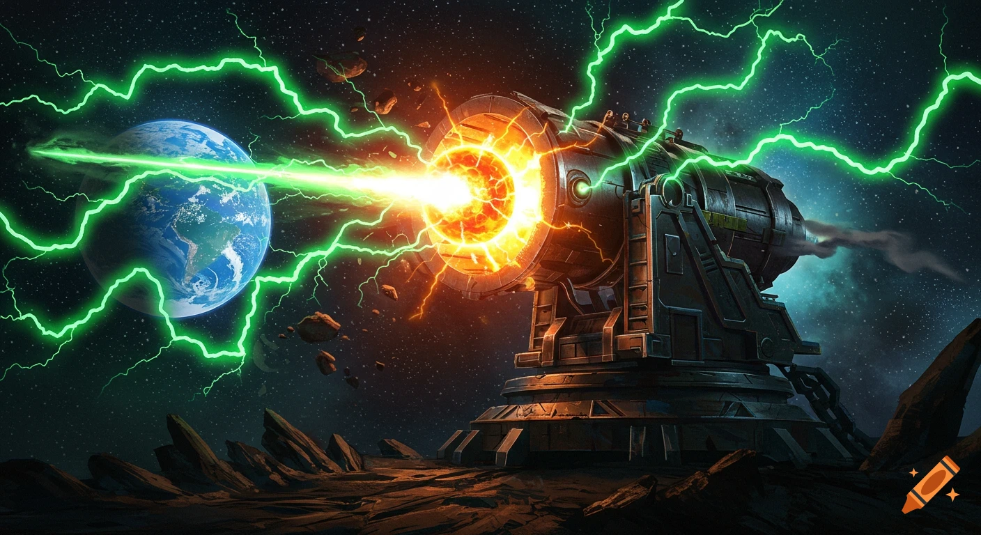 A giant cannon fires an orange plasma beam with green lightning towards Earth from a moon-like surface in space, digital art.