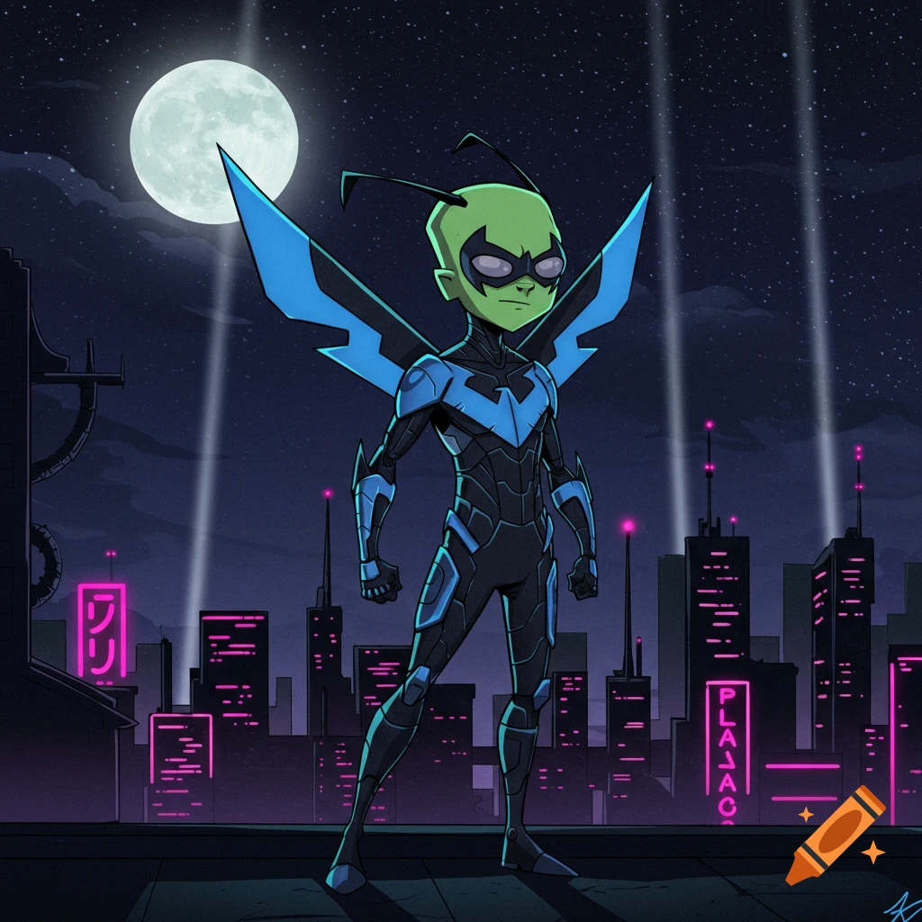 Invader Zim in a black and blue superhero suit with large wings stands on a rooftop overlooking a futuristic city at night under a full moon.