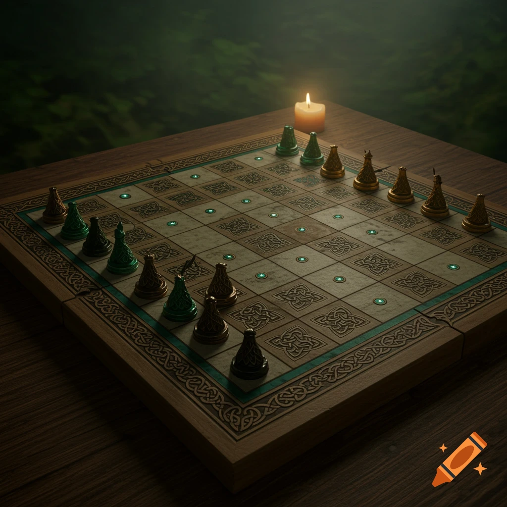 A stylized Brandubh board with intricate Celtic knot patterns, set with green and gold chess-like pieces, illuminated by a candle.