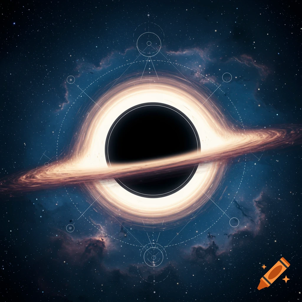 A black hole with a bright orange and white accretion disk, surrounded by geometric sigil patterns against a dark blue starry cosmic background.