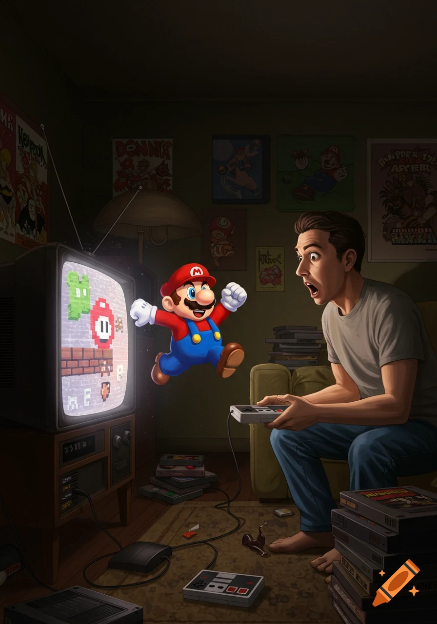 Mario leaps from a pixelated retro TV screen, startling a man playing an NES in a dimly lit, nostalgic gaming room.