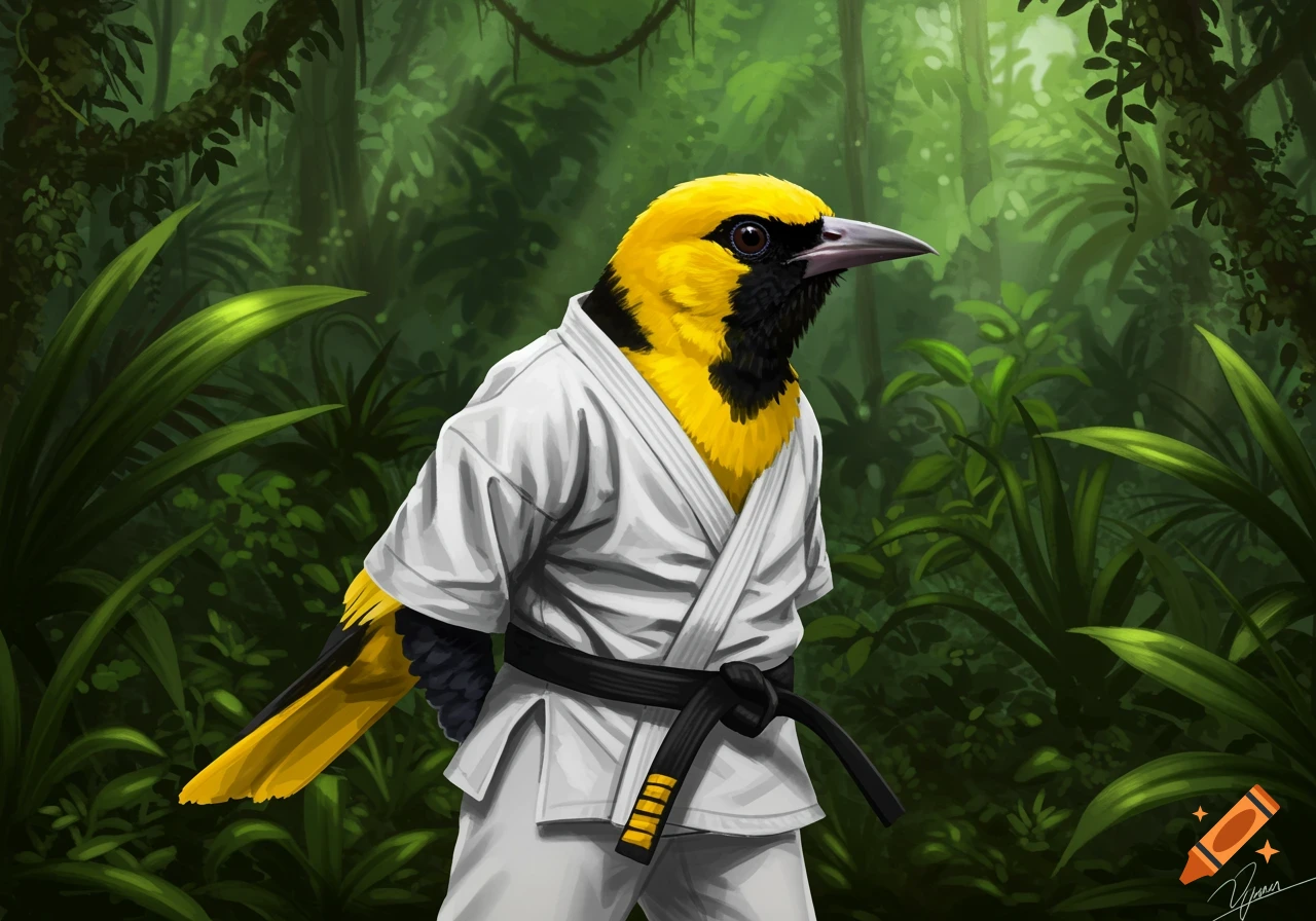 A vibrant yellow and black Montserrat Oriole bird wearing a white karate gi with a black belt stands in a lush green jungle.