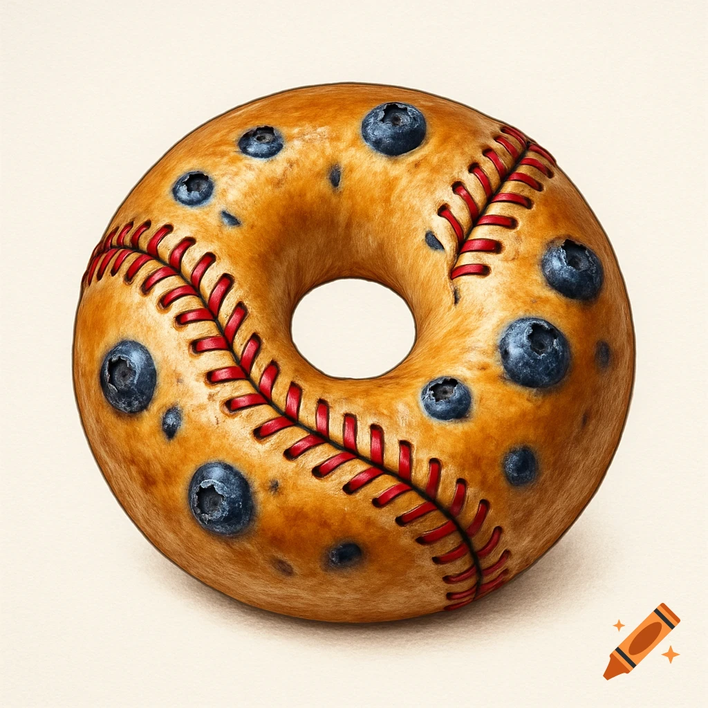 A realistic blueberry bagel with red baseball stitching on a light background.