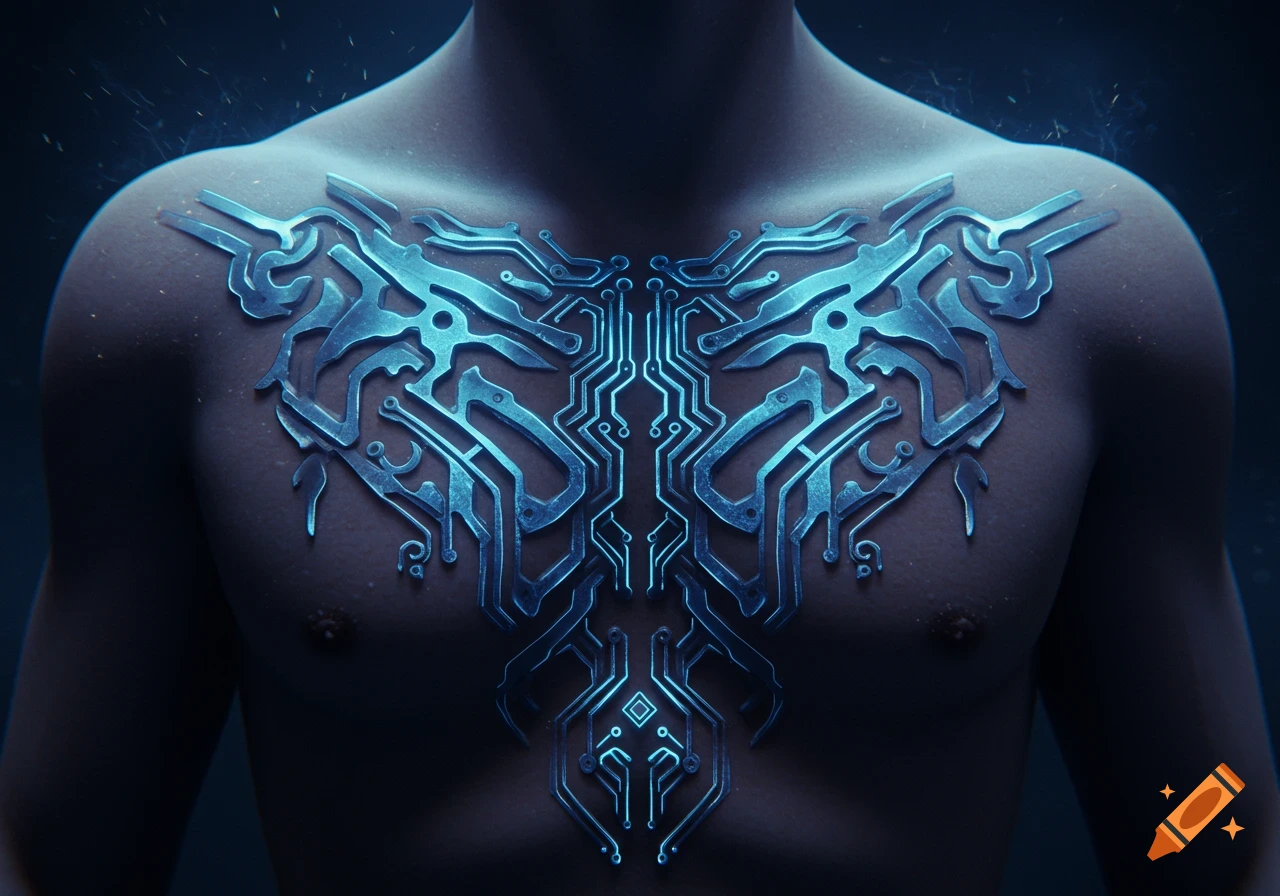 A person's chest with a glowing blue cybernetic circuit-board-like tattoo in a futuristic style.