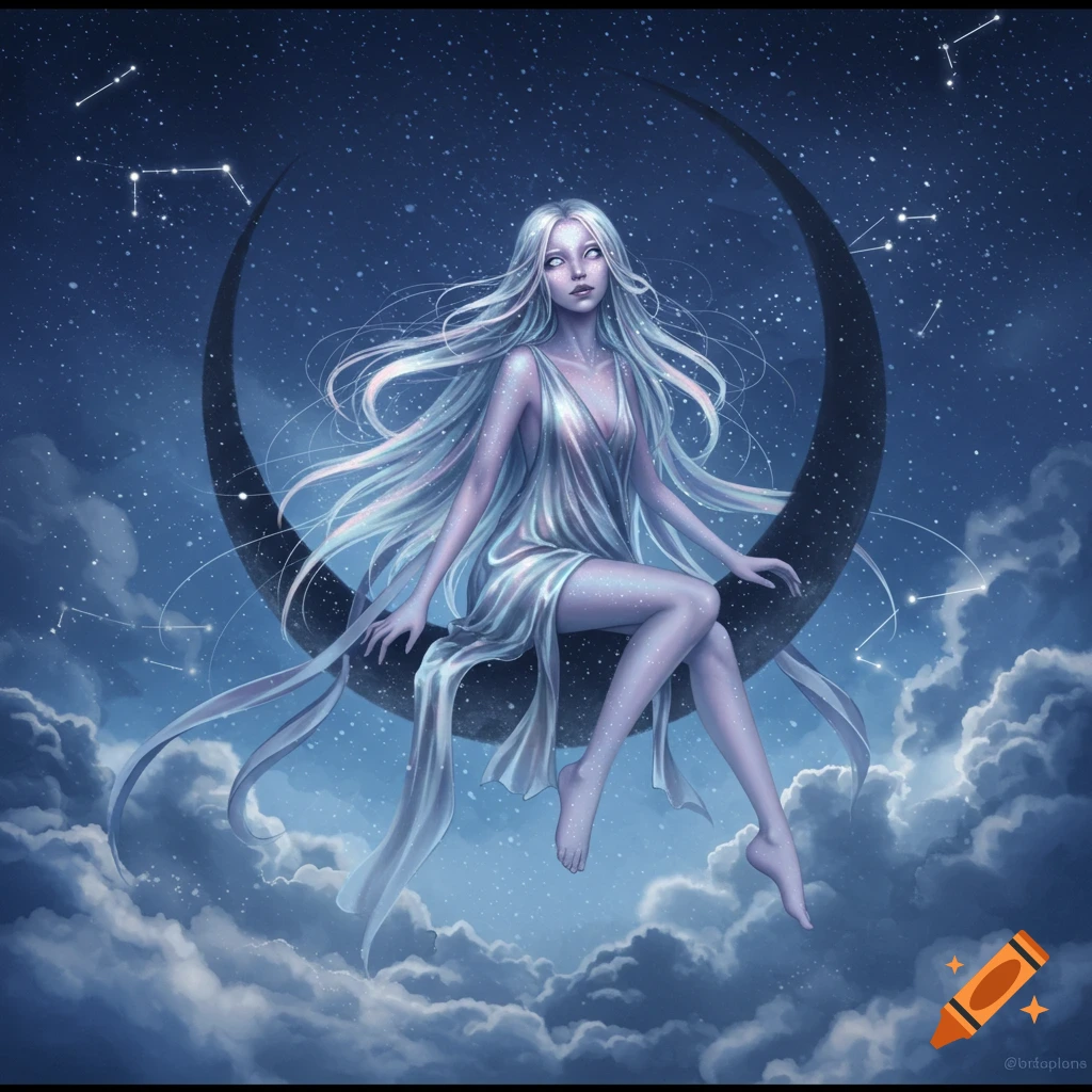A shimmering celestial being with long white hair sits on a crescent moon amidst stars and clouds in a fantasy illustration.