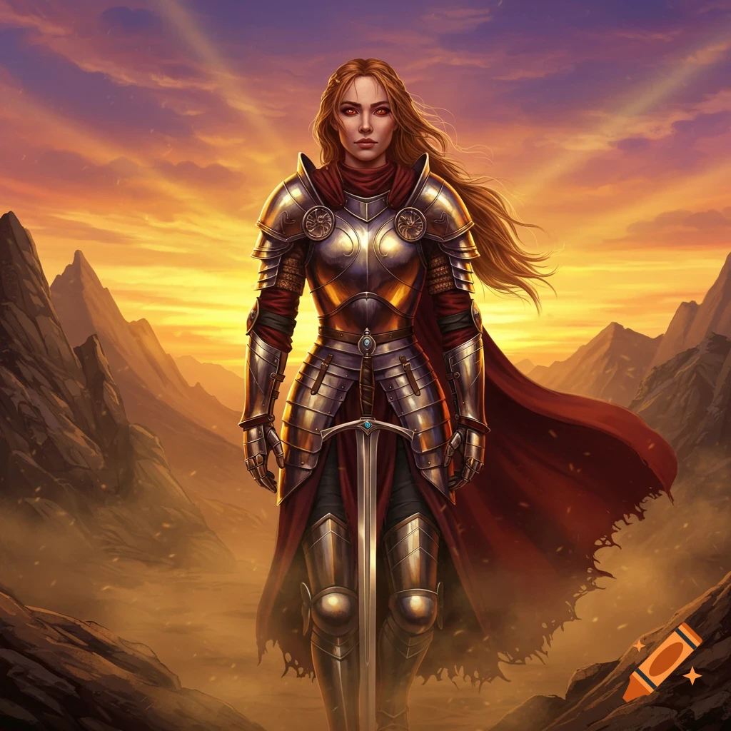A female knight in ornate golden and silver armor stands in a rocky desert landscape under a dramatic sunset.