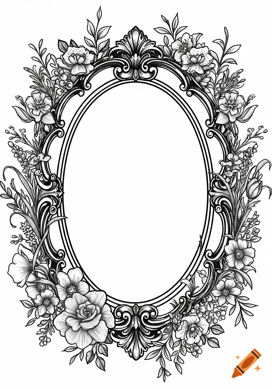 Black and white line art of an ornate oval frame surrounded by flowers and leaves.