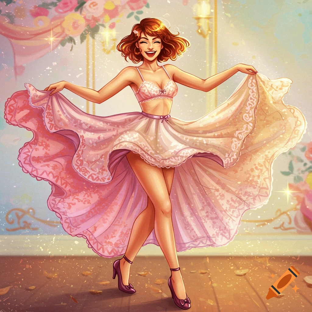 A vibrant illustration of a happy woman dancing in a pink bra and a flowing, lacy skirt, surrounded by flowers.