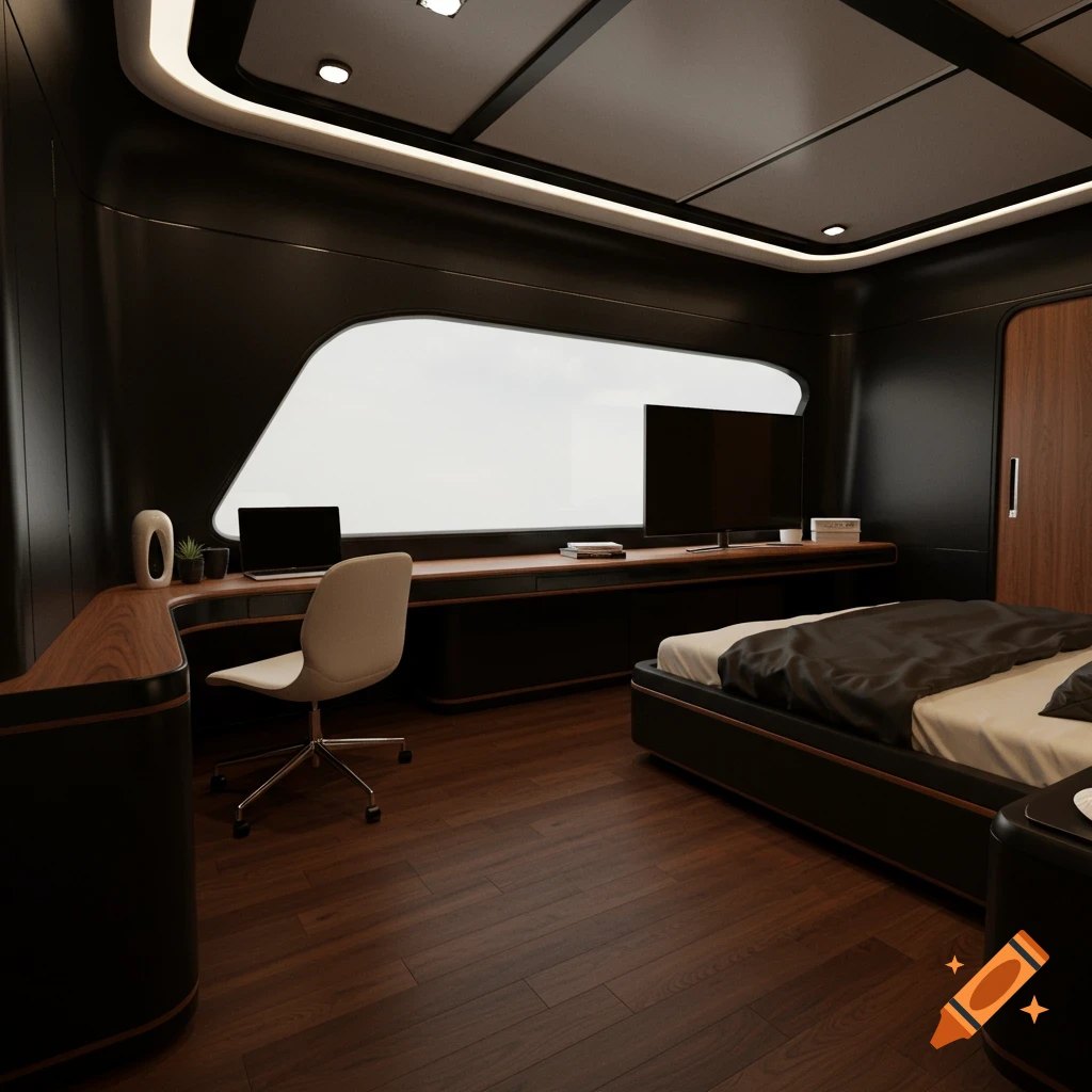 A sleek, modern bedroom with black and brown tones, featuring a desk, chair, bed, wall-mounted TV, and a large curved window.