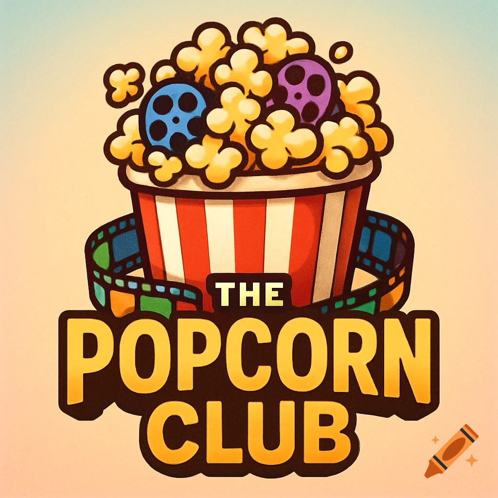 Cartoon logo featuring a red and white striped popcorn bucket with popcorn and film reels, with text 'THE POPCORN CLUB'.