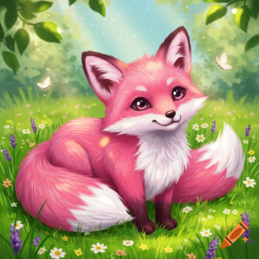 A cute pink fox with white fur on its chest and tail sits in a vibrant green field with small flowers and butterflies, in an illustration style.