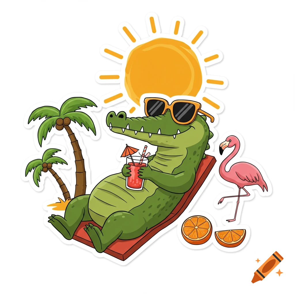 A cartoon alligator in sunglasses relaxes on a beach chair with a drink, under a bright sun next to palm trees, a flamingo, and orange slices. Sticker style.
