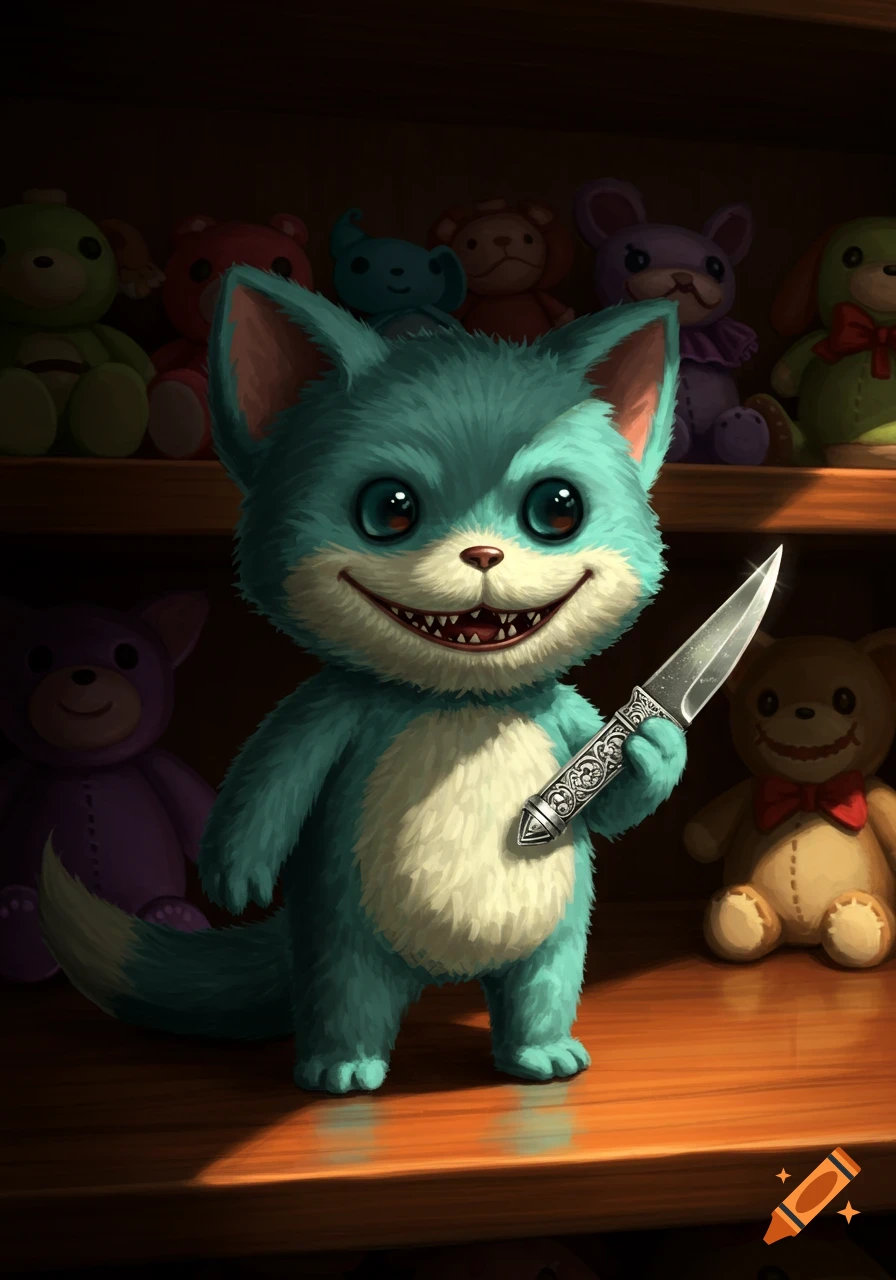 A blue-green furry creature with a wide smile and sharp teeth holds a dagger on a shelf surrounded by stuffed animals in an illustrative style.