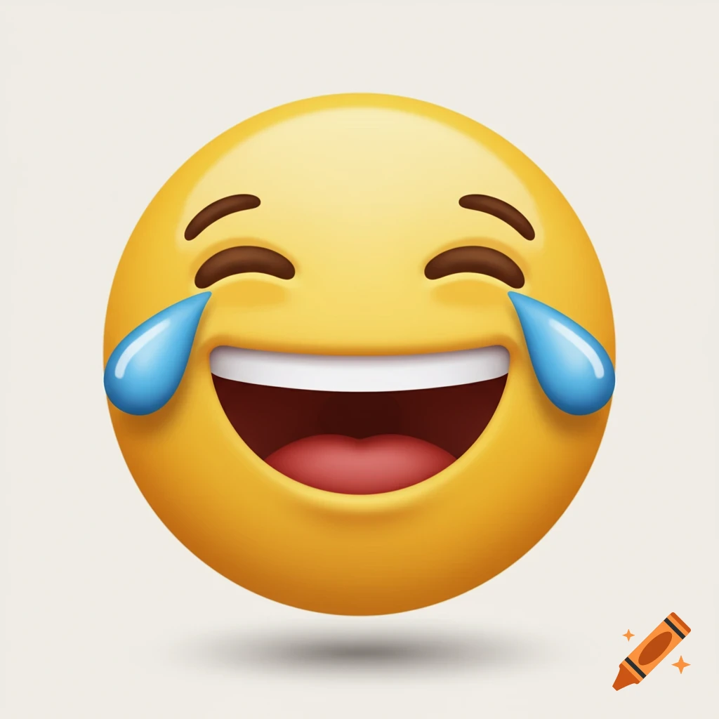 A vibrant yellow emoji face with closed eyes, wide open mouth, and two blue tears streaming down, depicting laughter.