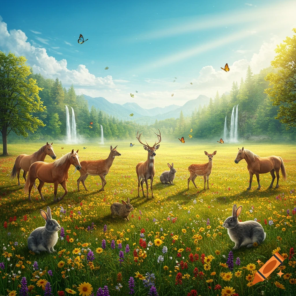 A vibrant meadow with wildflowers, horses, deer, and rabbits under a bright sky with mountains and waterfalls.