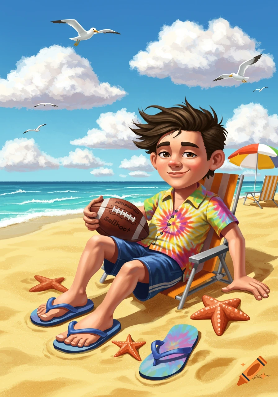 A cartoon boy in a tie-dye shirt sits on a beach chair, holding a football, with seagulls and ocean in the background.