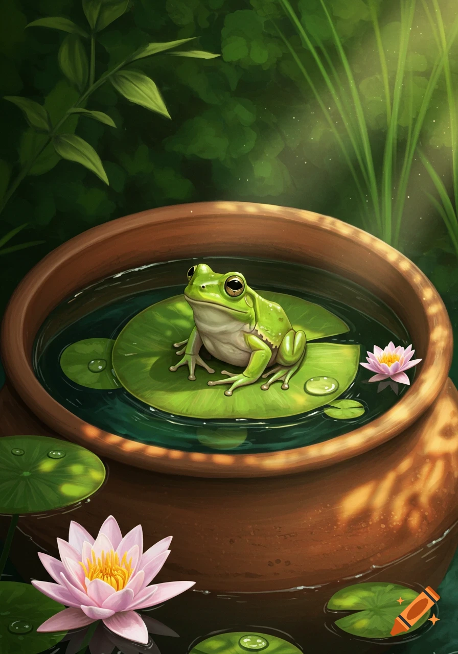 A vibrant green frog sits on a lily pad in a terracotta pot filled with water, surrounded by pink water lilies and green foliage in an illustrated style.