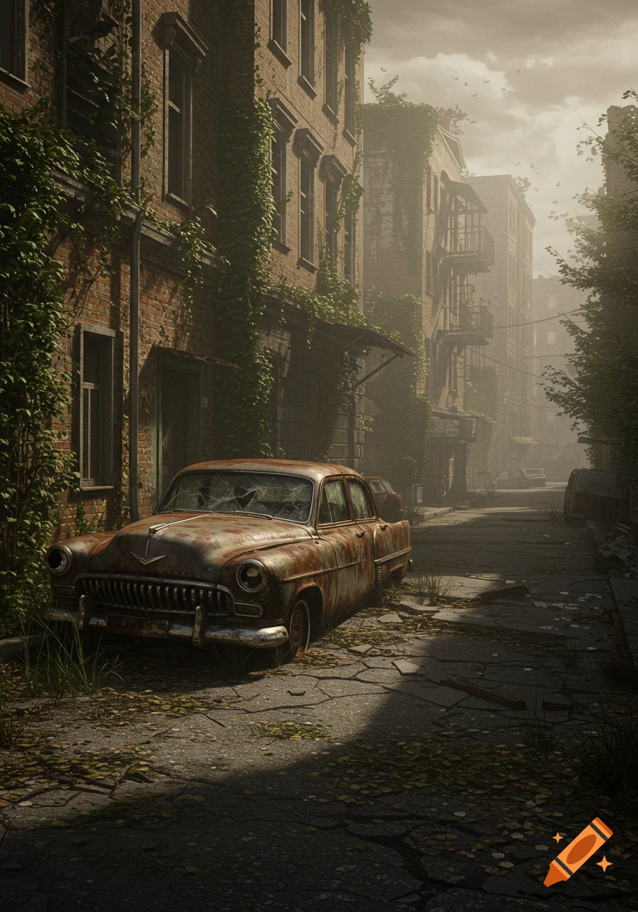 Photorealistic image of a rusty, abandoned car on an overgrown, cracked street in a decaying city with ivy-covered buildings under a hazy sky.