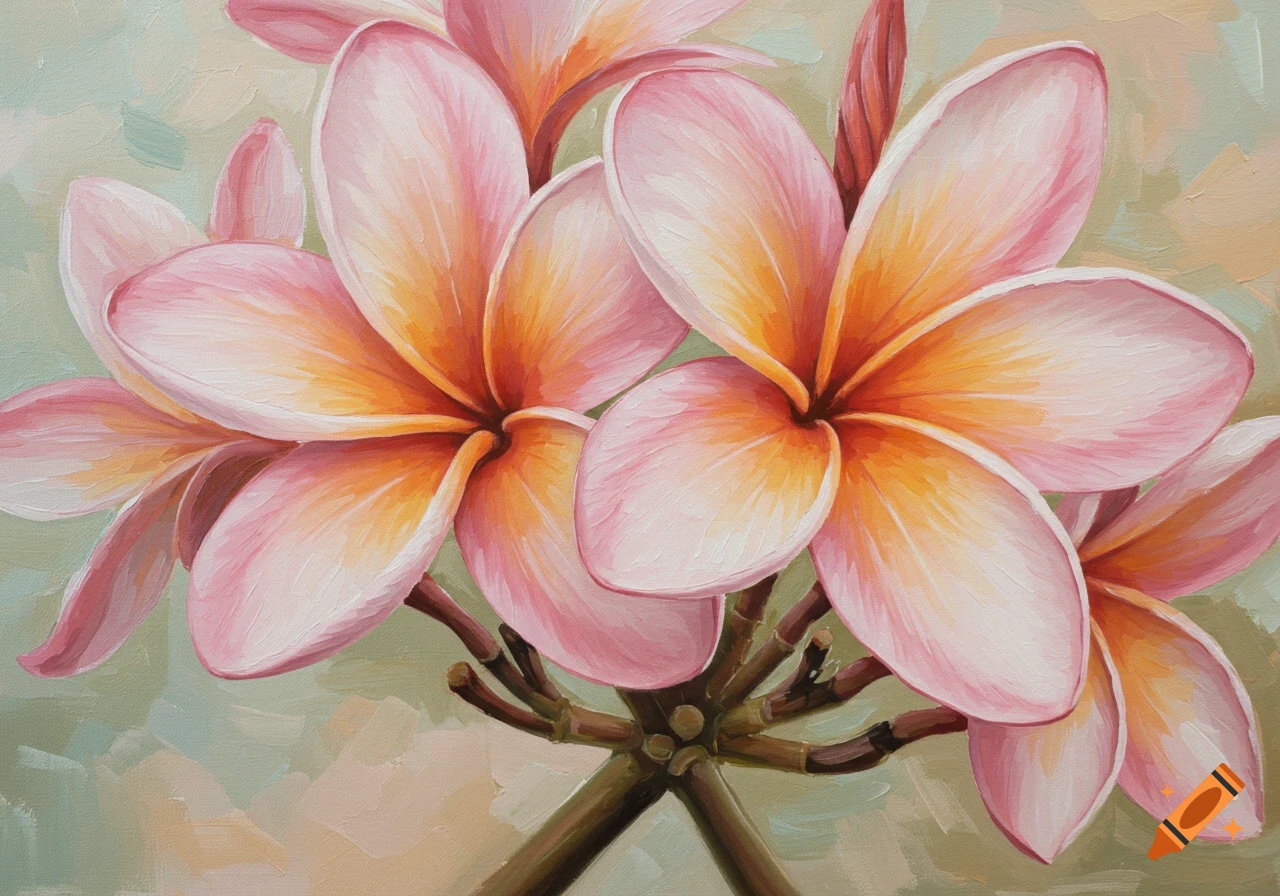 Oil painting of pink and orange frangipani flowers with visible brushstrokes.