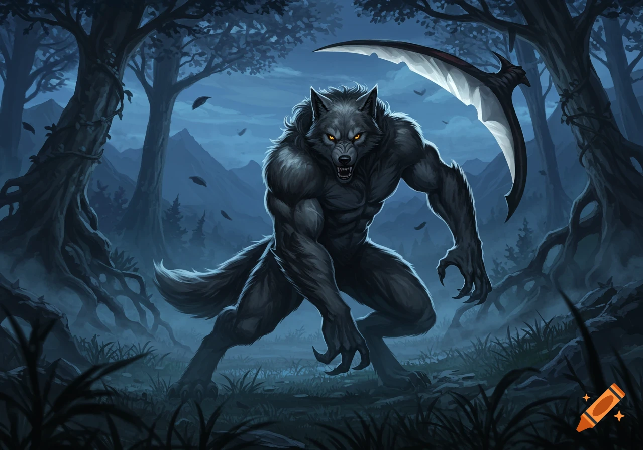 A muscular dark gray werewolf with glowing yellow eyes holds a large scythe in a moonlit, gnarled forest. Fantasy art.
