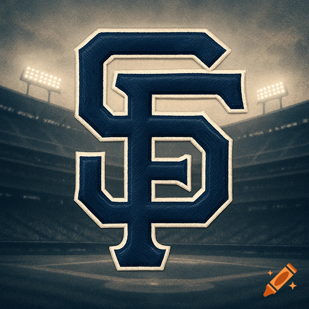 A dark blue and cream embroidered 'SF' logo on a blurred baseball stadium background.