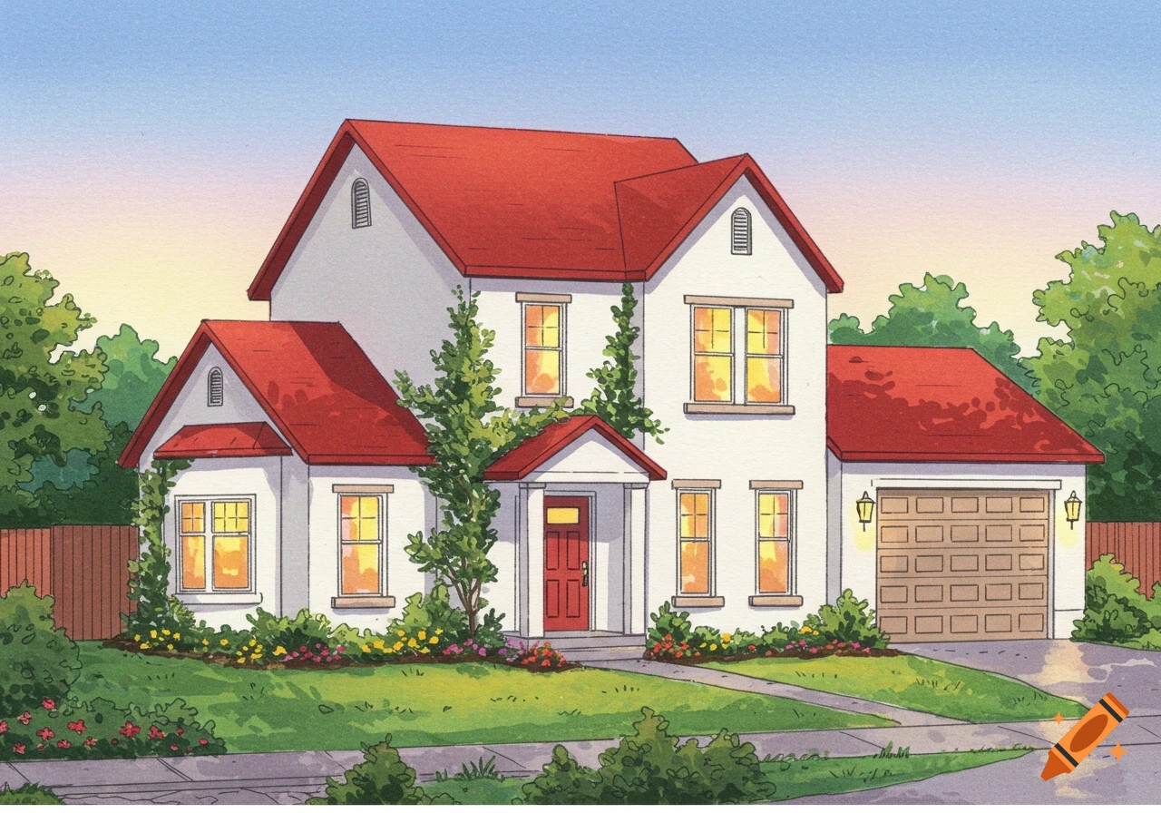 A colorful illustration of a two-story white house with a red roof and an attached garage, surrounded by green foliage and a clear sky.